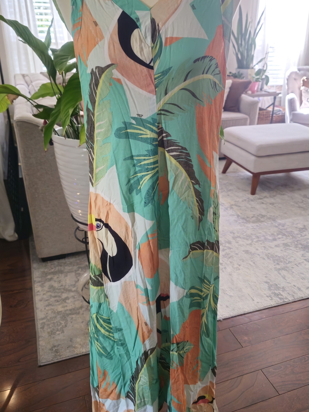 Tropical Toucan Print Green and Orange Maxi Dress - Maria Rosa Brazilian